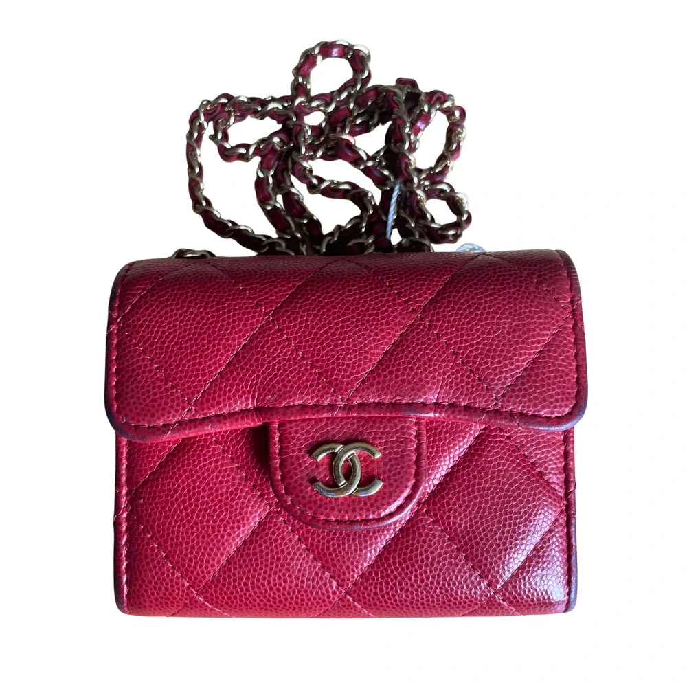 Chanel Card Holder Wallet On a Chain - Red Caviar Classic Flap Crossbody Bag